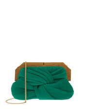 Brooke Pleated Clutch Bag with Wooden Frame, Green (GREEN), large
