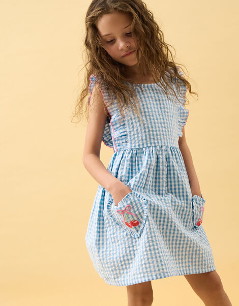 Girls Cherry Gingham Dress, Blue (BLUE), large