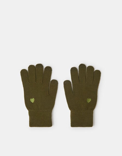 Heart Embroidered Touchscreen Gloves, Green (OLIVE), large