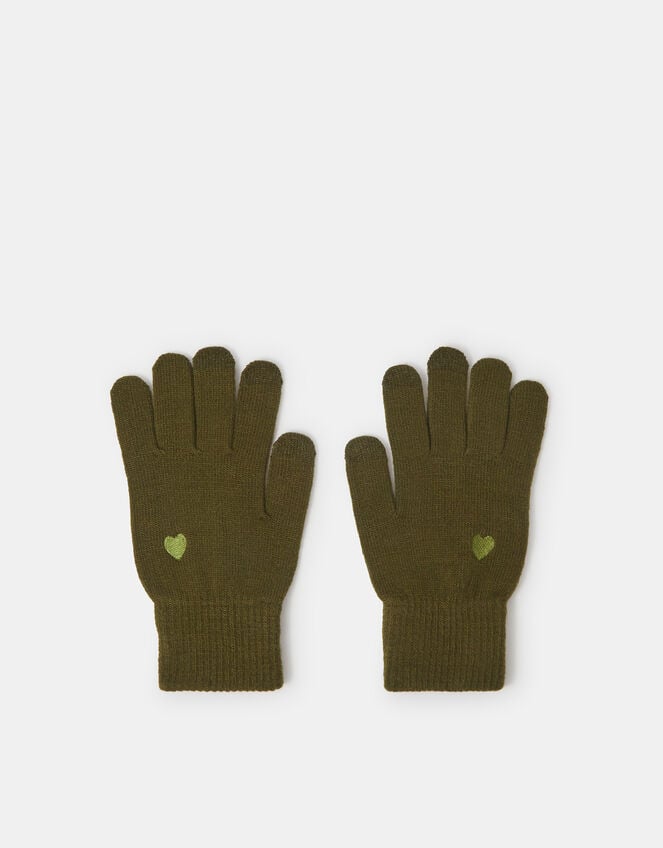 Heart Embroidered Touchscreen Gloves, Green (OLIVE), large