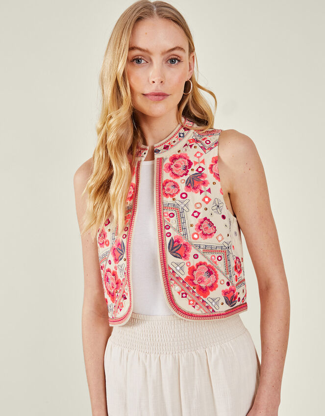 Embellished Floral Waistcoat, Cream (CREAM), large