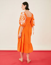 Ornamental Print Embroidered Puff Sleeve Midi Dress, Orange (ORANGE), large