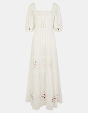Embroidered Smocked Puff-Sleeve Maxi Dress, Ivory (IVORY), large