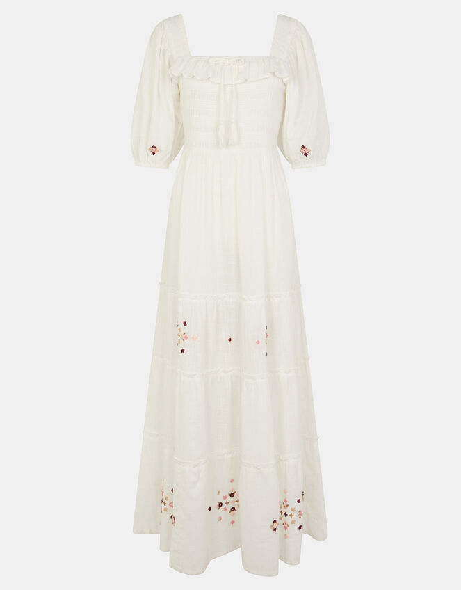 Embroidered Smocked Puff-Sleeve Maxi Dress, Ivory (IVORY), large