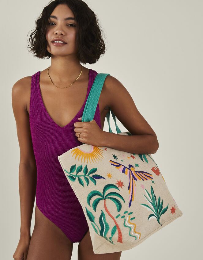 Embroidered Parrot Large Tote Bag, , large