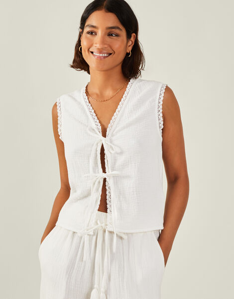Tie-Front Crinkle Waistcoat, White (WHITE), large