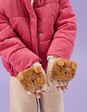 Girls Dog Fingerless Gloves with Mittens, Tan (TAN), large