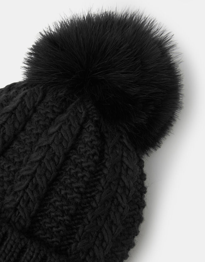 Pom-Pom Beanie Hat, Black (BLACK), large