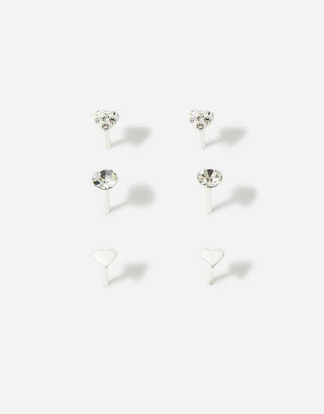 Sterling Silver Heart Sparkle Stud Earring Set, , large