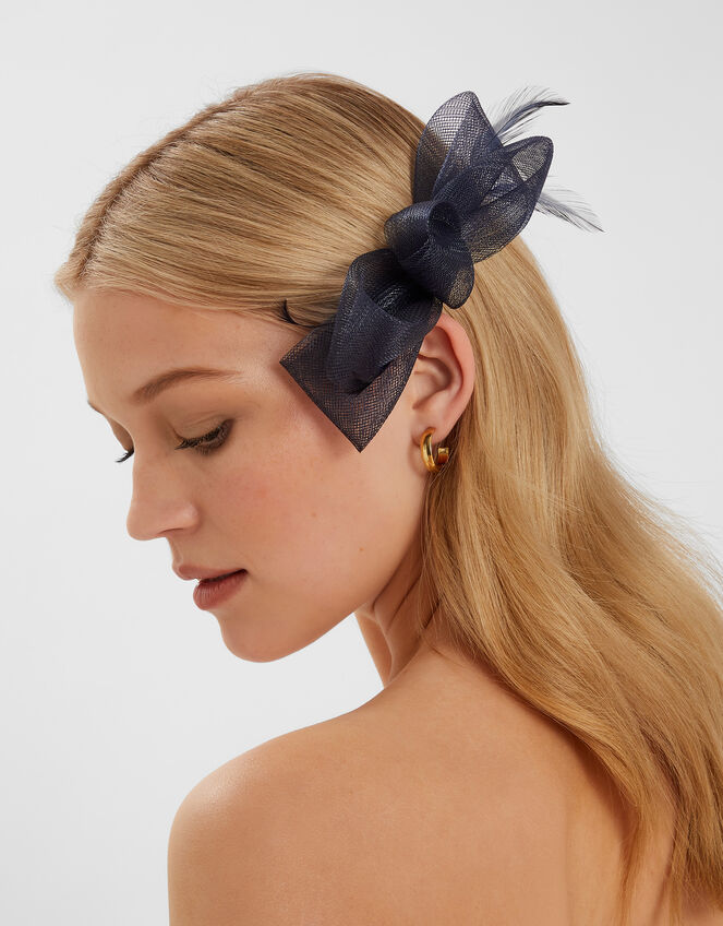 Fascinator Feather Bow Hair Clip, Blue (NAVY), large