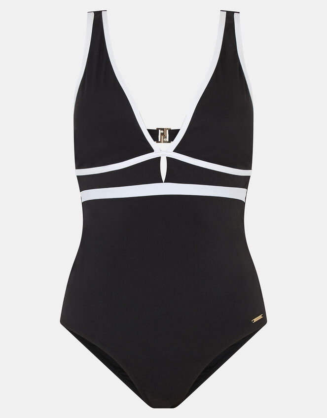 UPF50+ Contrast Plunge Shaping Swimsuit, Black (BLACK), large