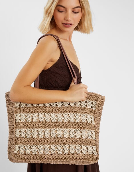 Stripe Woven Raffia Tote Bag, , large