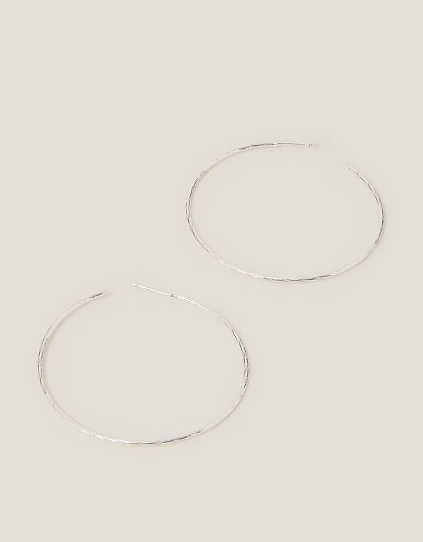 Sterling Silver-Plated Large Diamond Cut Hoop Earrings, , large