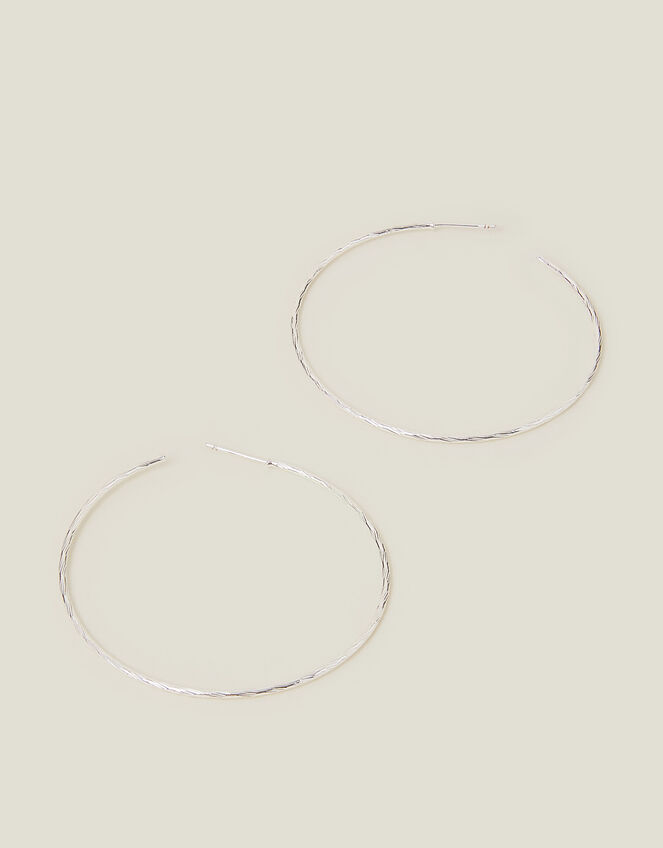 Sterling Silver-Plated Large Diamond Cut Hoop Earrings, , large