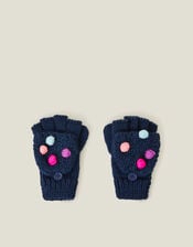 Girls Pom Pom Fingerless Mitten Gloves, Blue (NAVY), large
