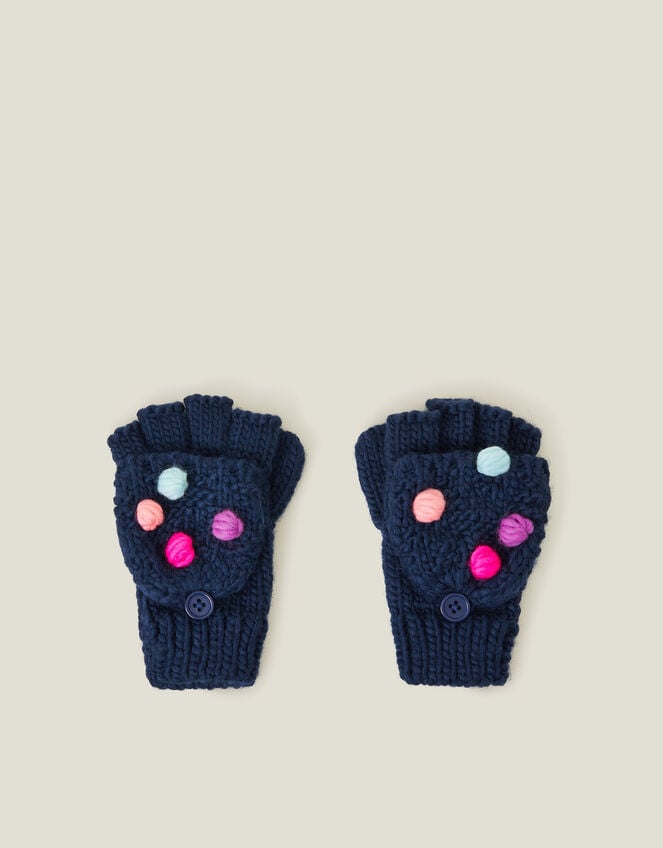 Girls Pom Pom Fingerless Mitten Gloves, Blue (NAVY), large