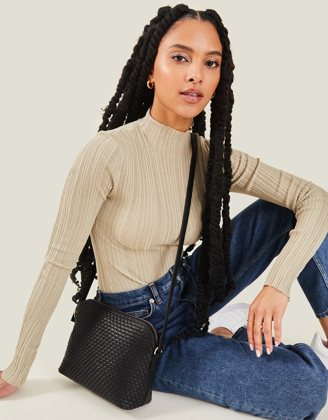 Leather Woven Cross Body Bag Black
