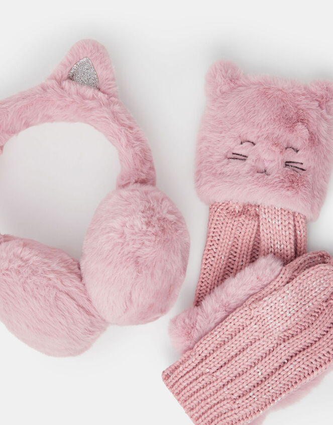 Girls Cat Faux Fur Earmuffs and Gloves Set, Pink (PINK), large