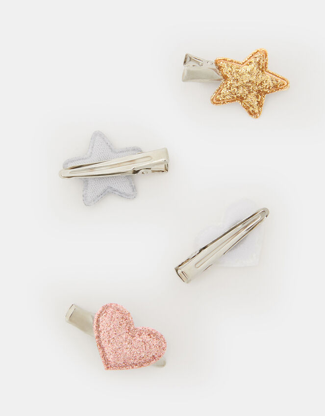 4-Pack Girls Glitter Star Heart Hair Clips, , large