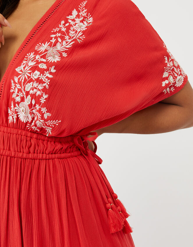 Lace Trim Embroidered Crinkle Kaftan, Red (RED), large