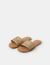 Woven Metallic Leather Slide Sandals, Gold (GOLD), large