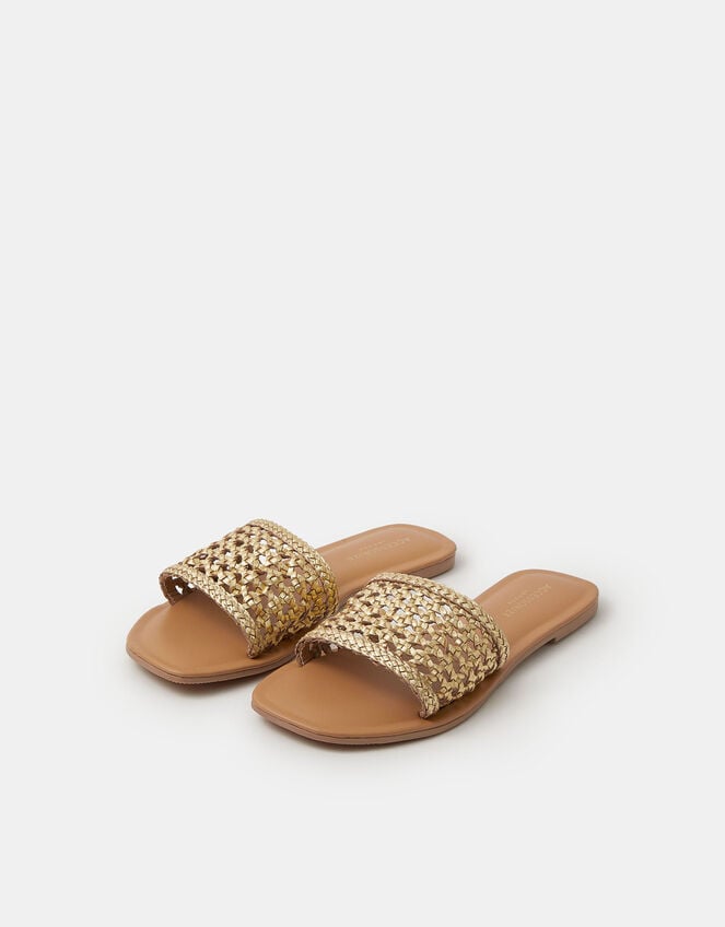 Woven Metallic Leather Slide Sandals, Gold (GOLD), large