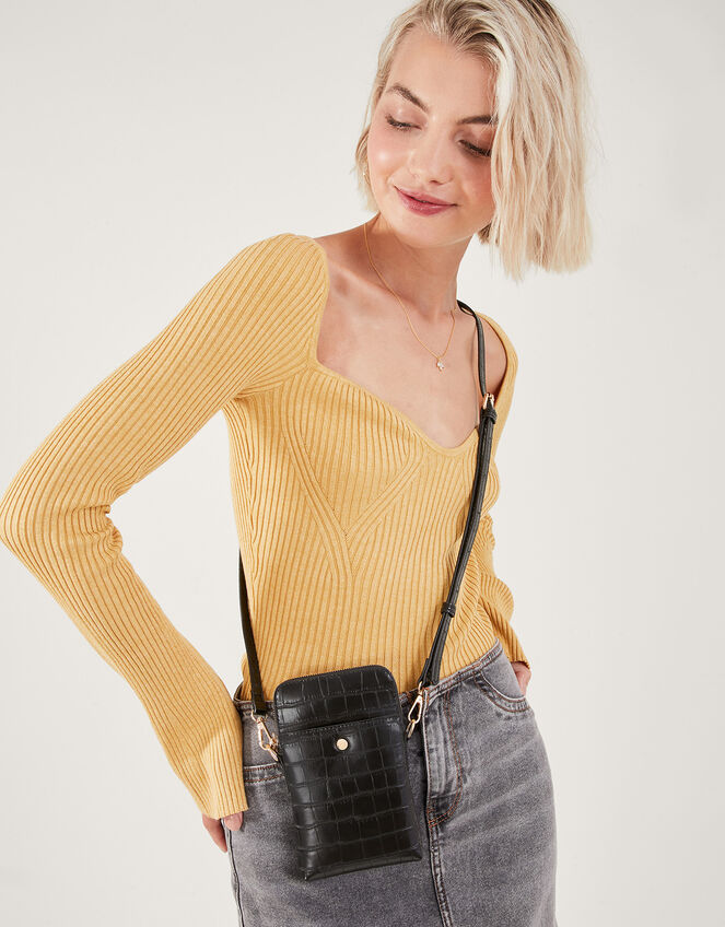 Faux Croc Cross-Body Phone Bag, , large