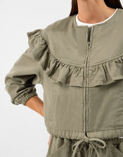 Ruffle Denim Jacket, Green (KHAKI), large