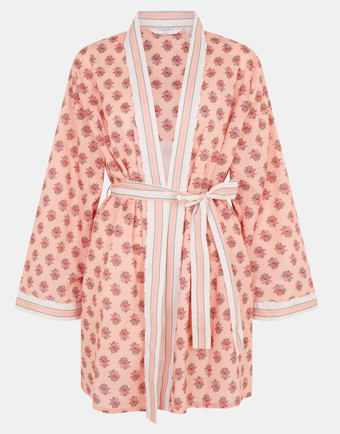 Block Print Cotton Short Dressing Gown , Pink (PINK), large