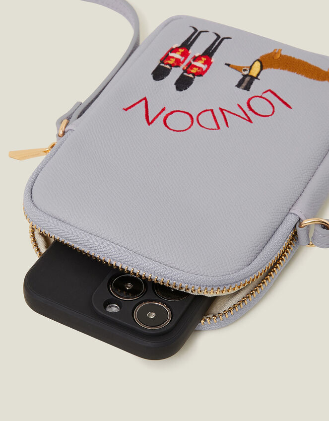 Embroidered London Sausage Dog Phone Bag, , large