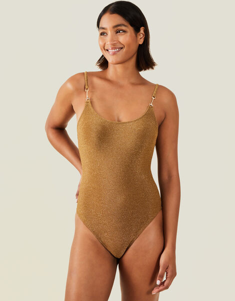 Metal Strap Shimmer Swimsuit, Gold (GOLD), large