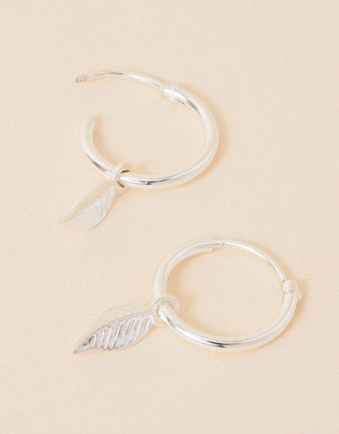 Sterling Silver Leaf Charm Hoop Earrings, , large