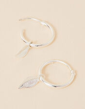 Sterling Silver Leaf Charm Hoop Earrings, , large