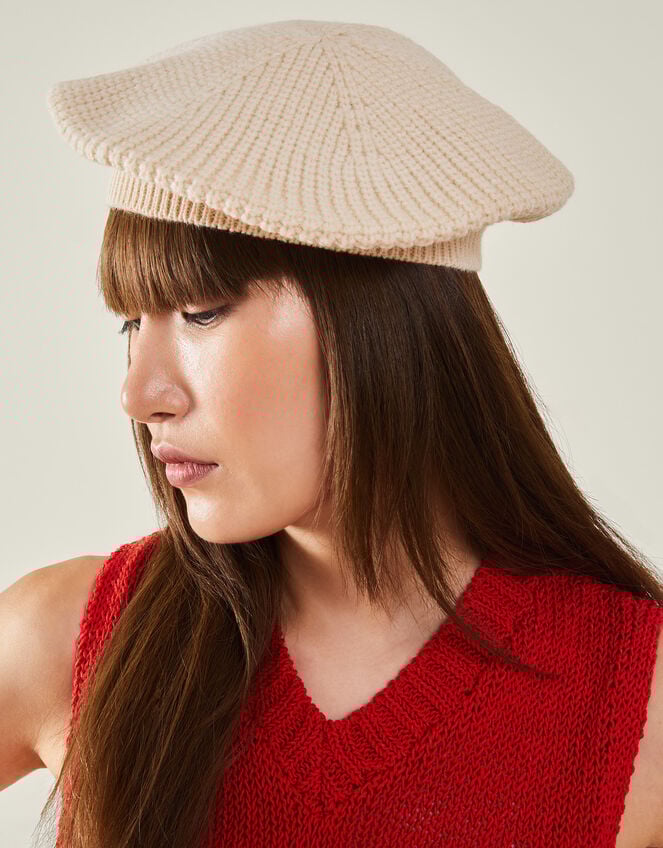 Ribbed Knit Beret, Natural (NATURAL), large