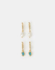2-Pack 14ct Gold-Plated Semi-Precious Hoop Earrings, , large