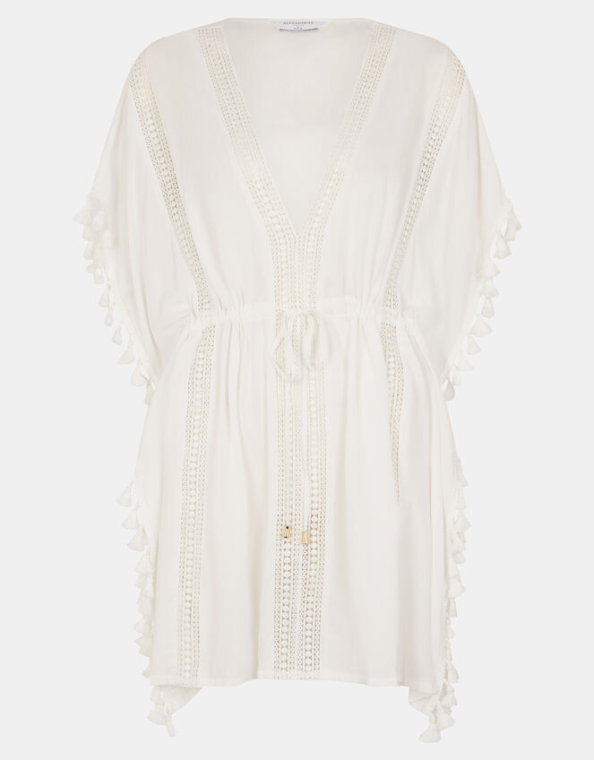 Tassel Trim Mini Kaftan, White (WHITE), large