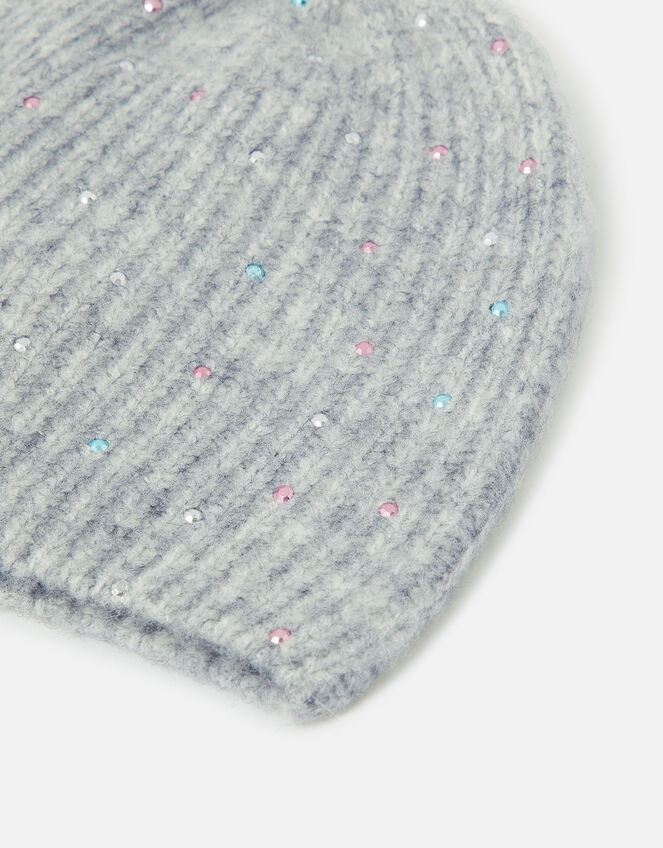 Girls Gem Sparkle Beanie Hat, Grey (GREY), large
