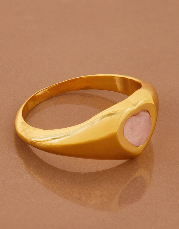 Gold-Plated Rose Quartz Heart Signet Ring Pink, Pink (PINK), large