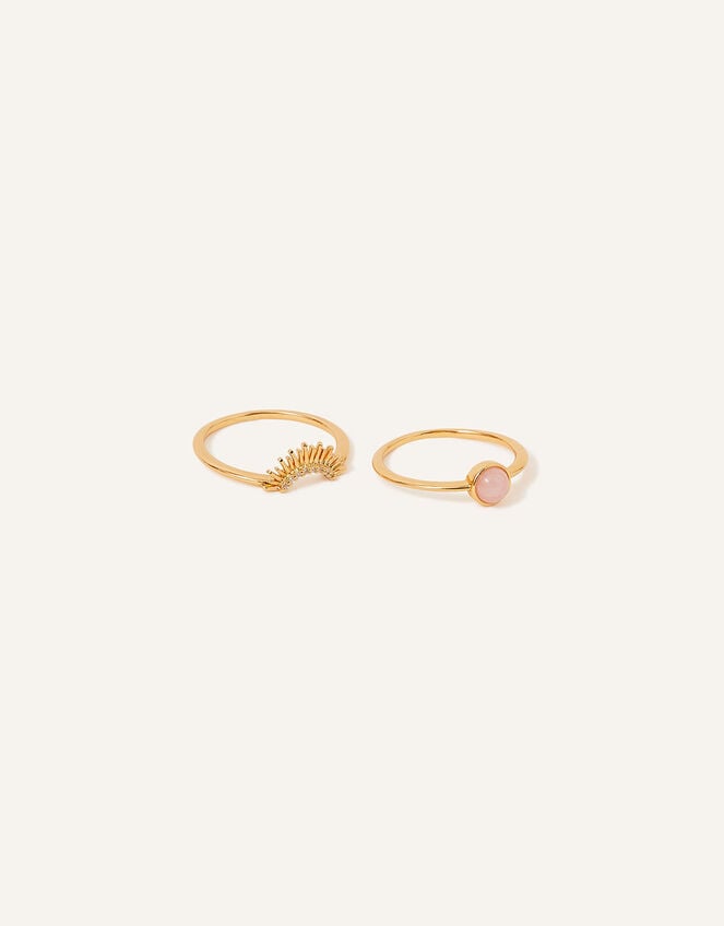 14ct Gold-Plated Rose Quartz Sun Ring Set of Two, Gold (GOLD), large