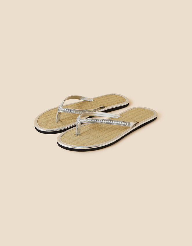 Crystal Embellished Seagrass Flip Flops, White (CRYSTAL), large