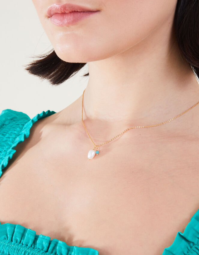 14ct Gold-Plated Pearl Amazonite Pendant Necklace, , large