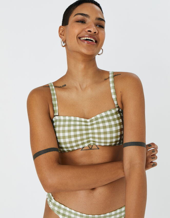 Gingham Bandeau Bikini Top, Green (KHAKI), large