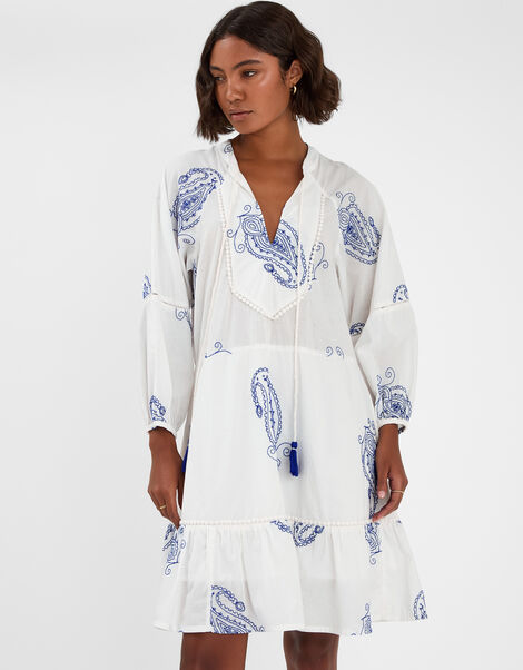 Embroidered Long Sleeve Mini Dress, Ivory (IVORY), large