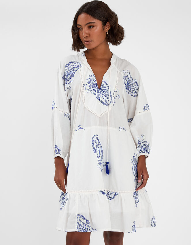 Embroidered Long Sleeve Mini Dress, Ivory (IVORY), large