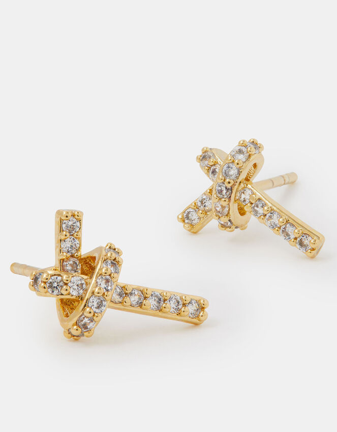 14ct Gold-Plated Diamanté Knot Stud Earrings, , large