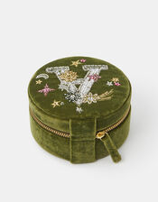 Round Initial Velvet Jewellery Box, Green (OLIVE), large