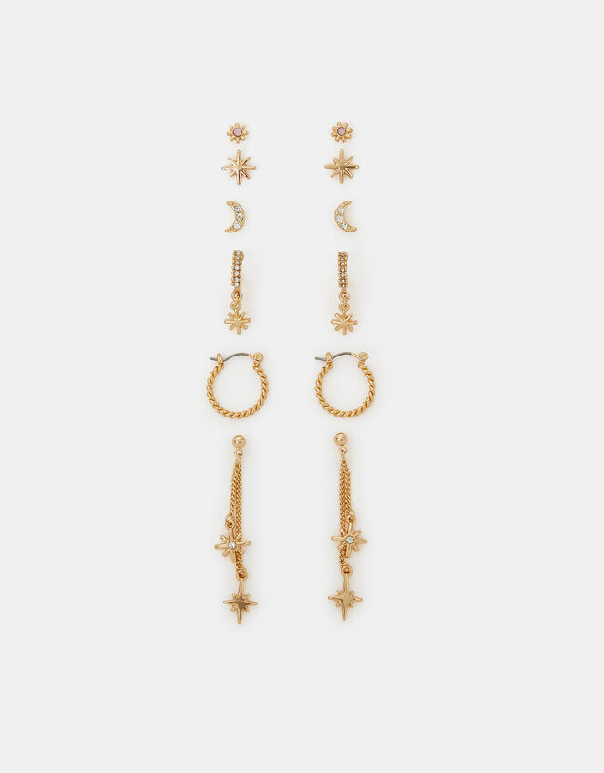 6-Pack Celestial Chain Stud and Hoop Earrings Gold, , large