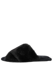 Fluffy Peep-Toe Slipper Sliders, Black (BLACK), large