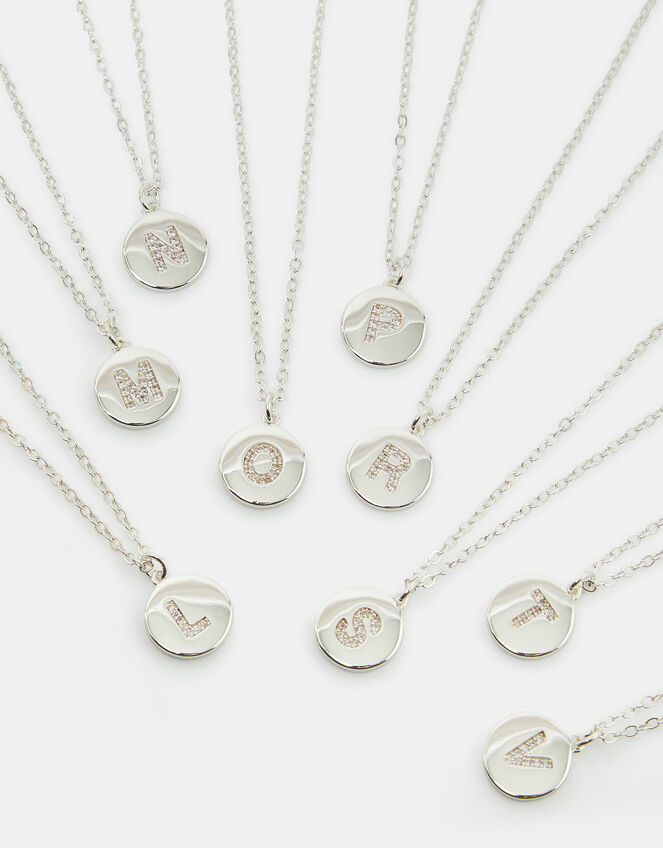 Sterling Silver-Plated Diamante Initial Round Pendant Necklace, Silver (ST SILVER), large
