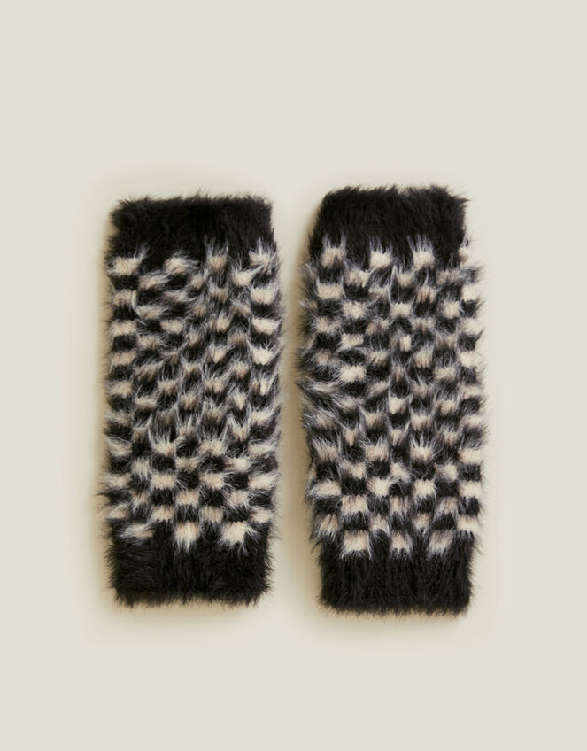 Fuzzy Checkerboard Fingerless Mittens, , large